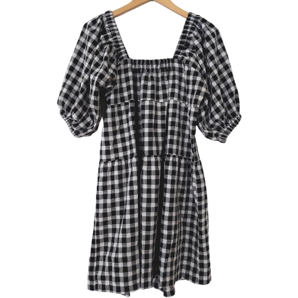 Gingham Black & White Puff Sleeve Square Neck Tiered Dress- Size L - Picture 1 of 10